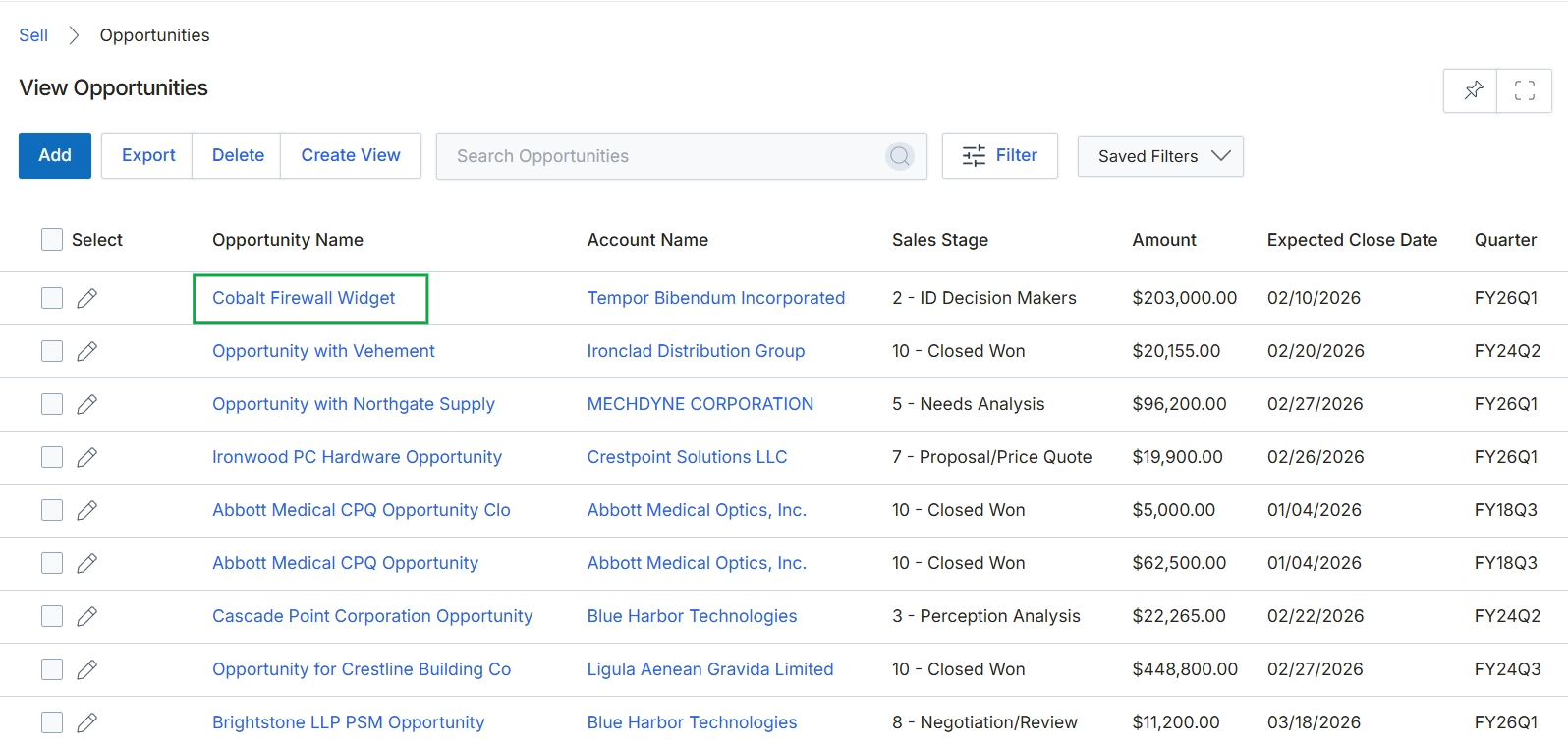 Opportunities list view
