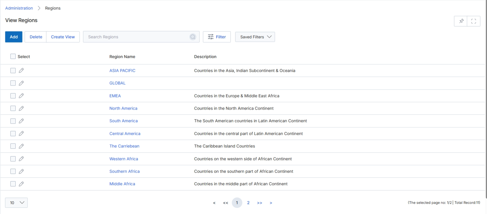View Regions list