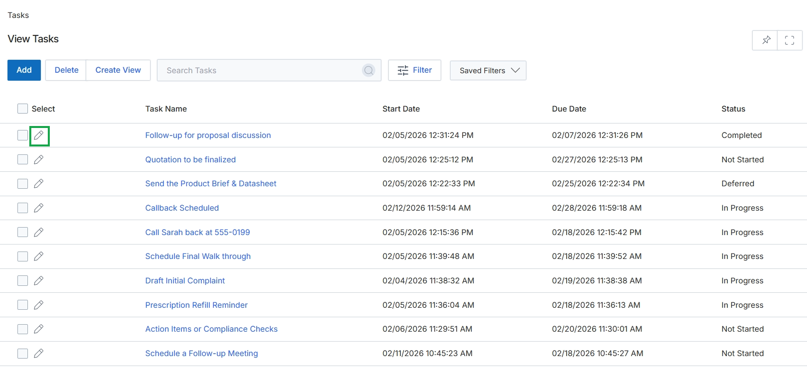 Tasks list view with edit icon highlighted
