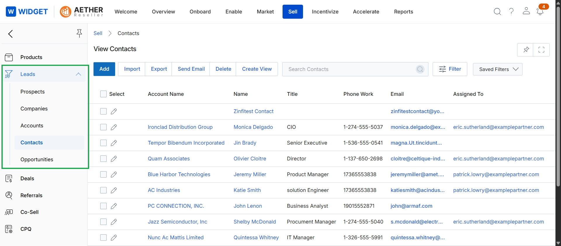 Sell module Contacts list view.