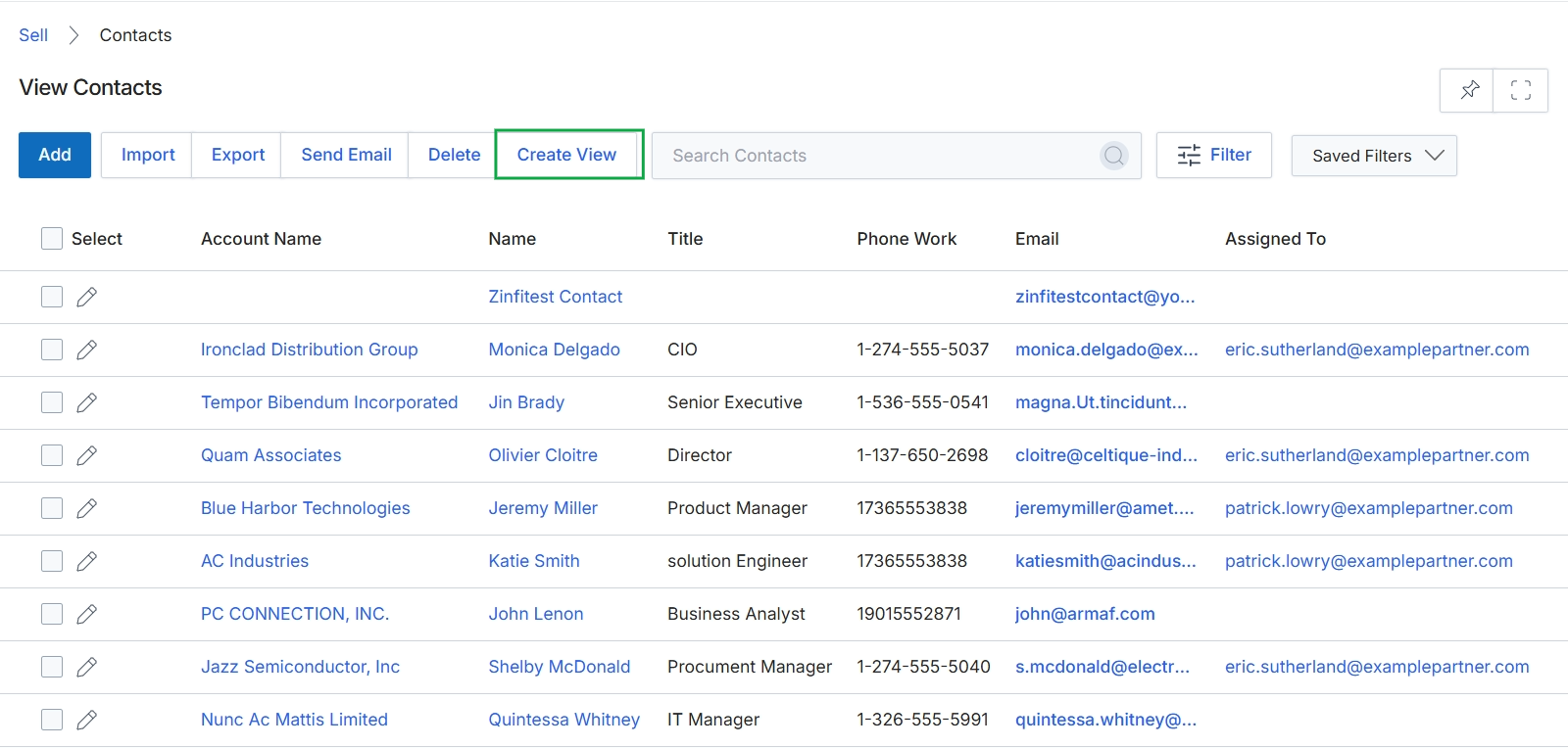 Contacts list view with Create View button highlighted