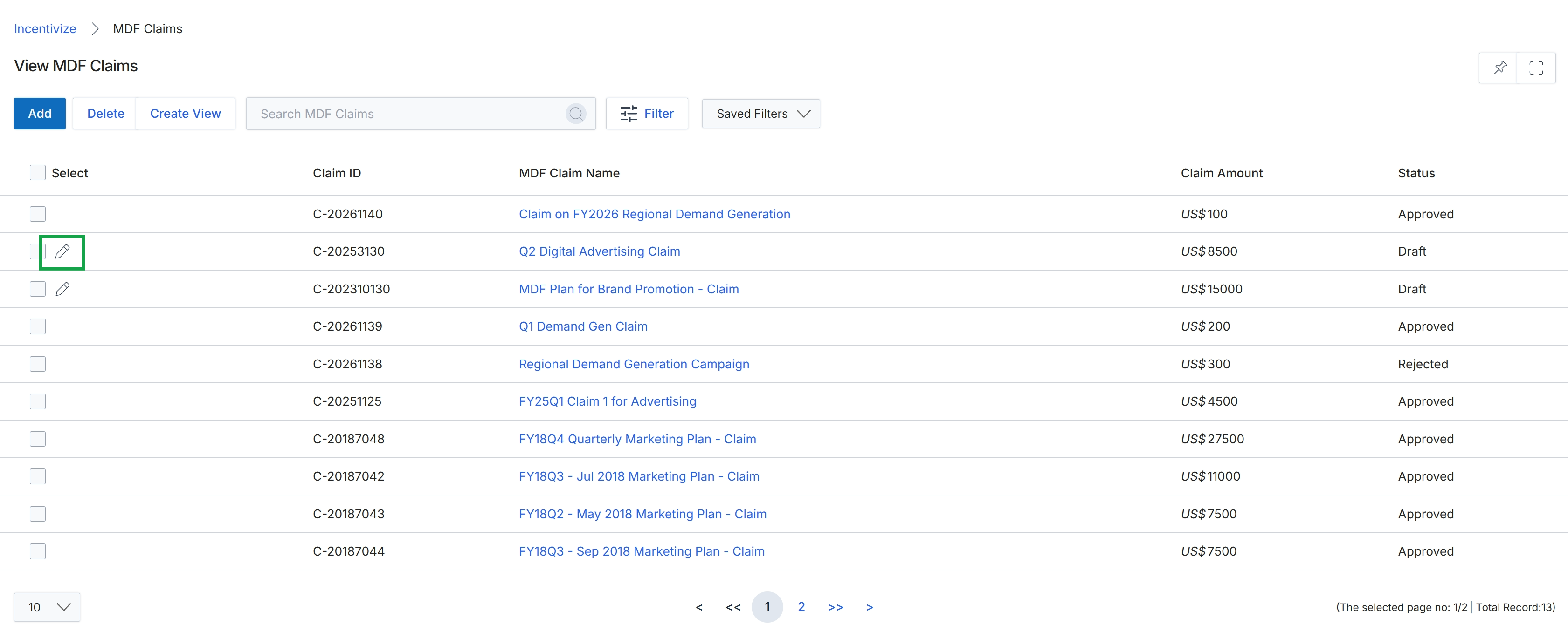 MDF Claims list view.