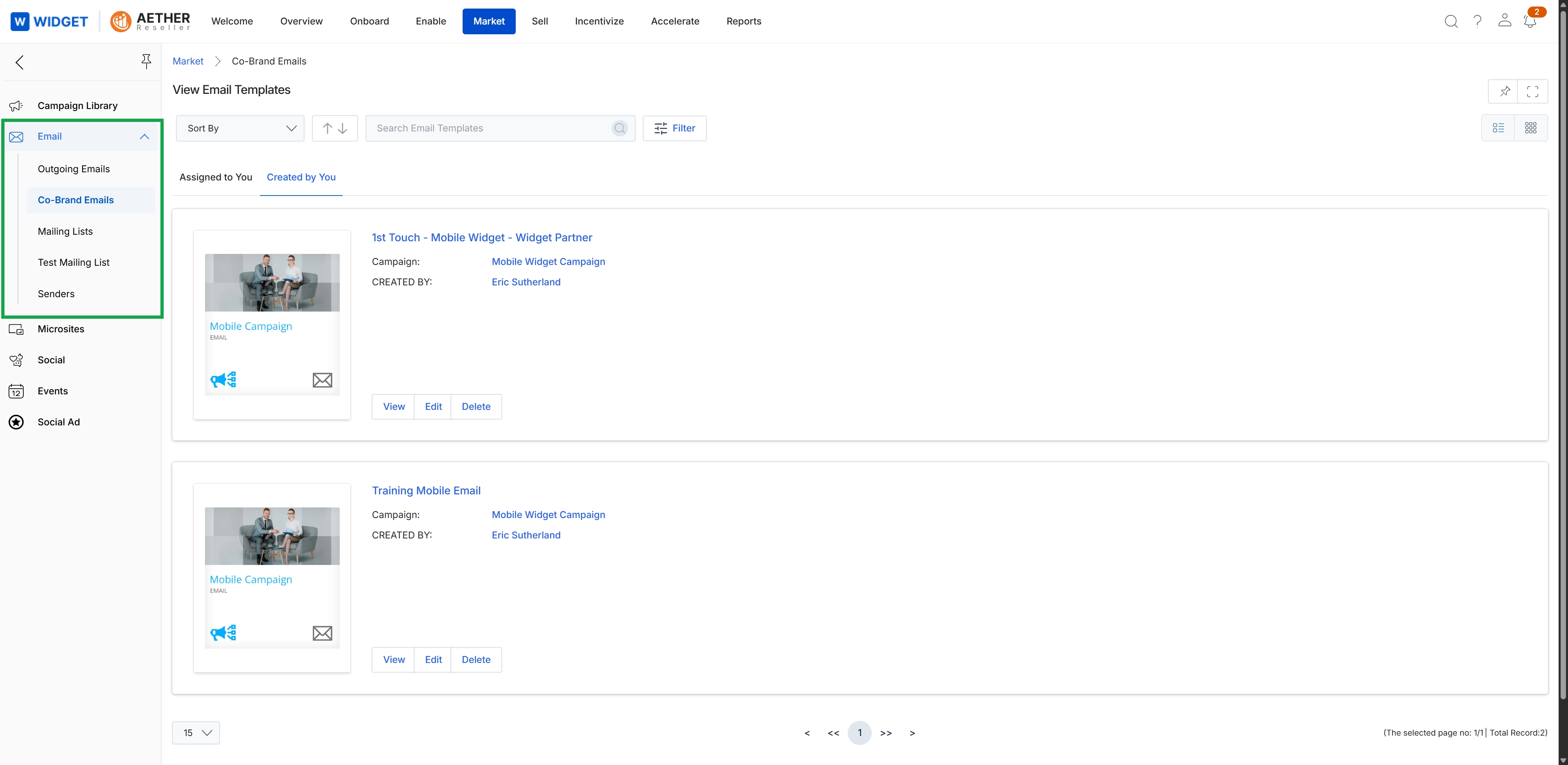 Co-branded email templates library view
