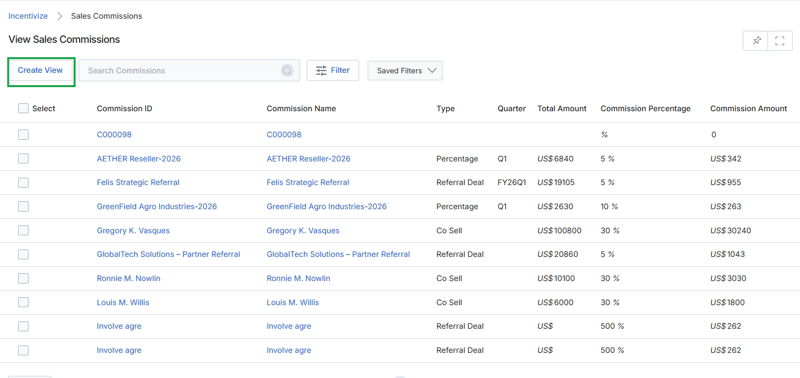 Sales Commissions list view