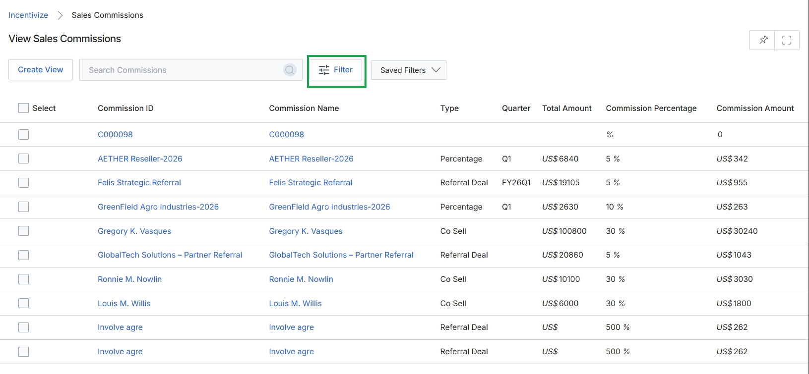 Sales Commissions list view