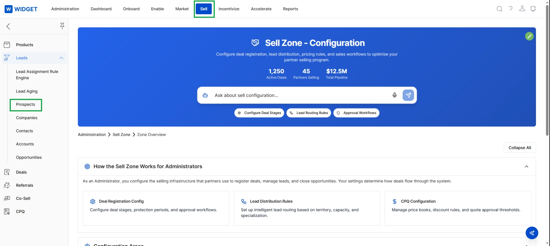 Sell Zone Configuration page with Leads menu expanded