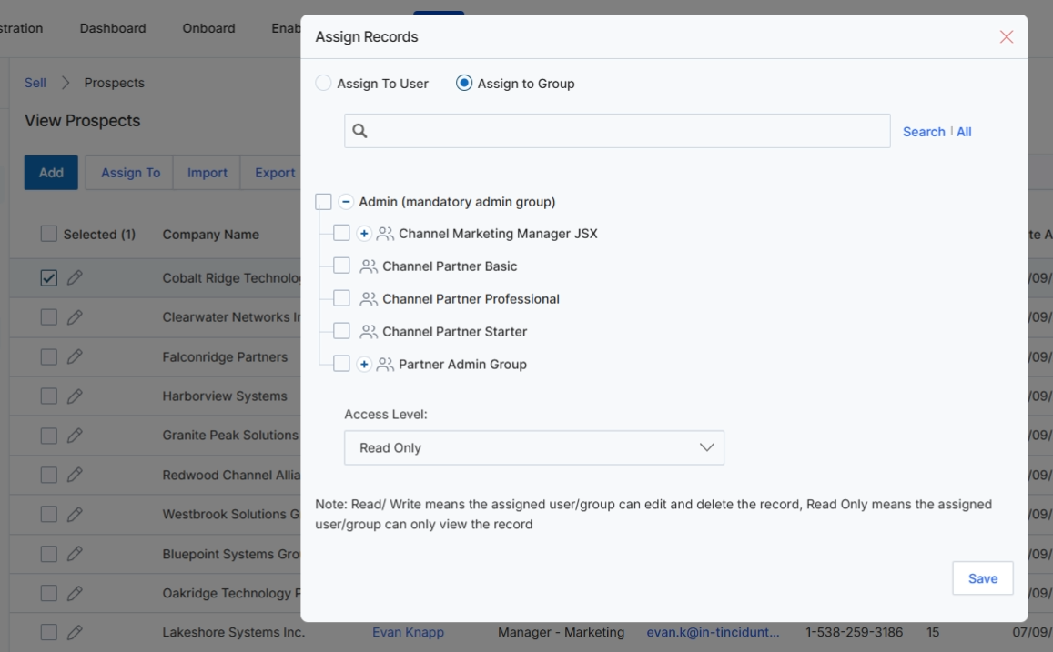 Assign Records dialog with Assign To Group tab selected