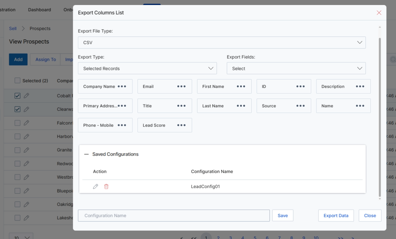 Export Columns List modal