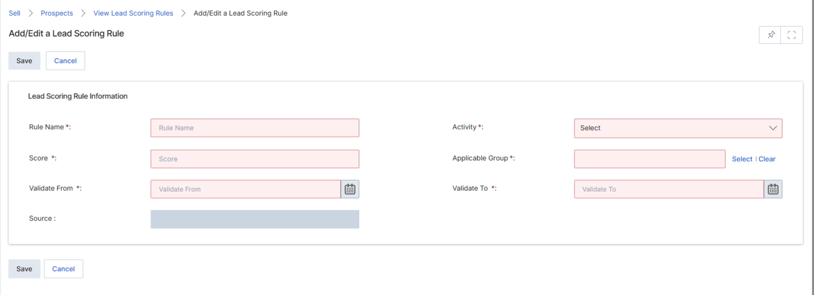 Add/Edit a Lead Scoring Rule form