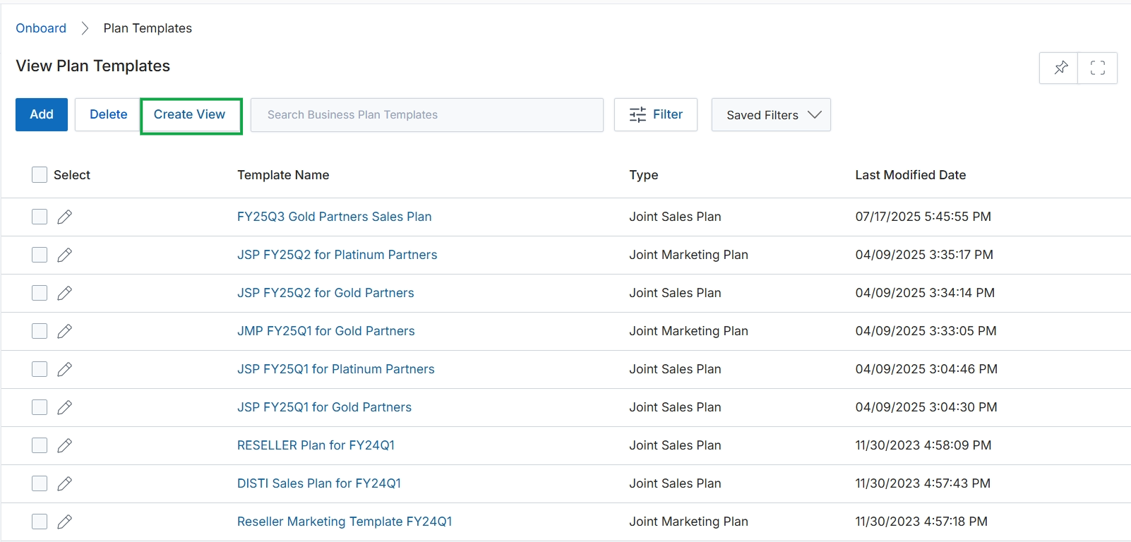 Plan Templates list view with Create View button highlighted