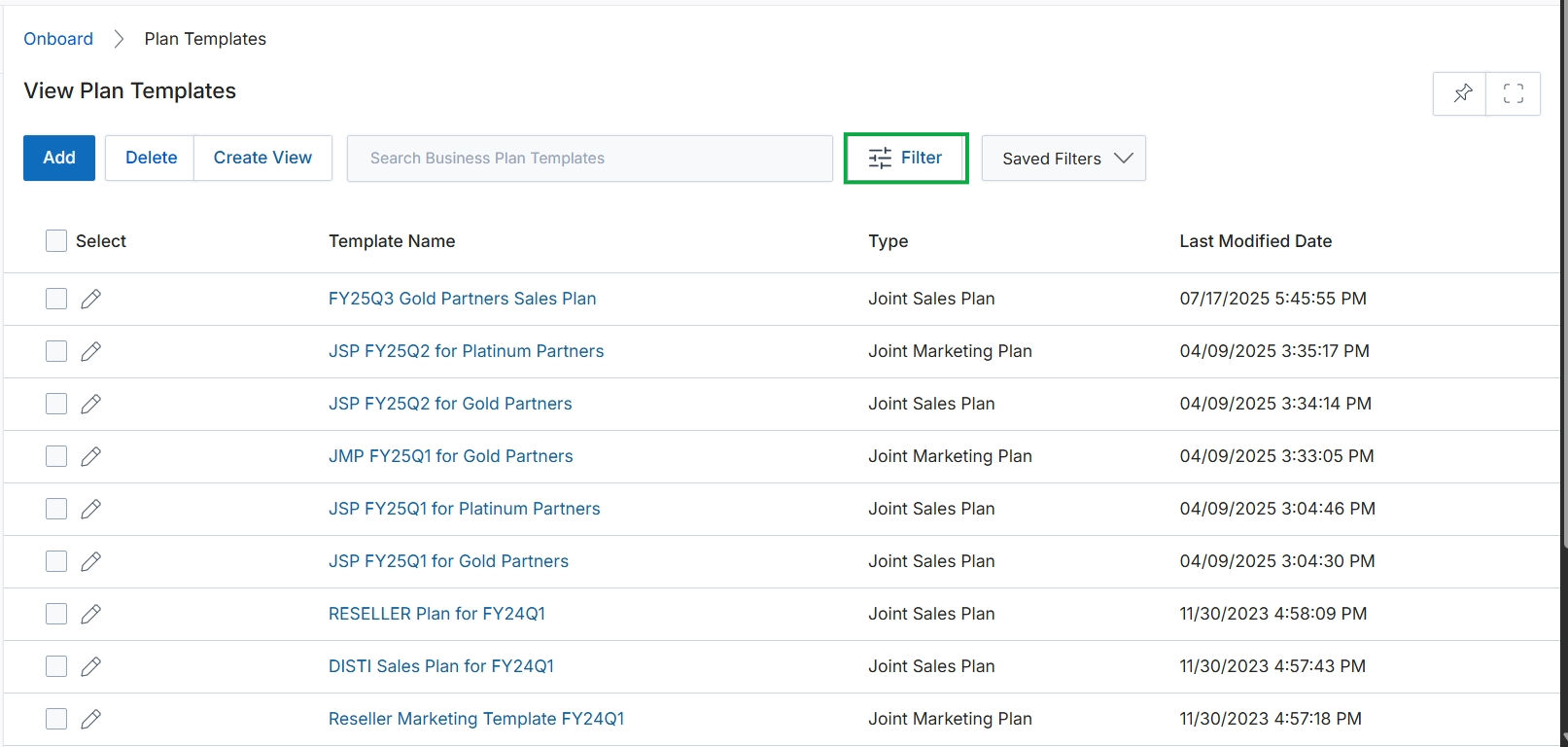View Plan Templates list with filter button highlighted