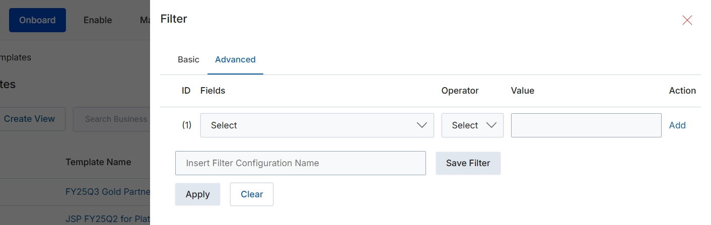 Advanced filter configuration panel
