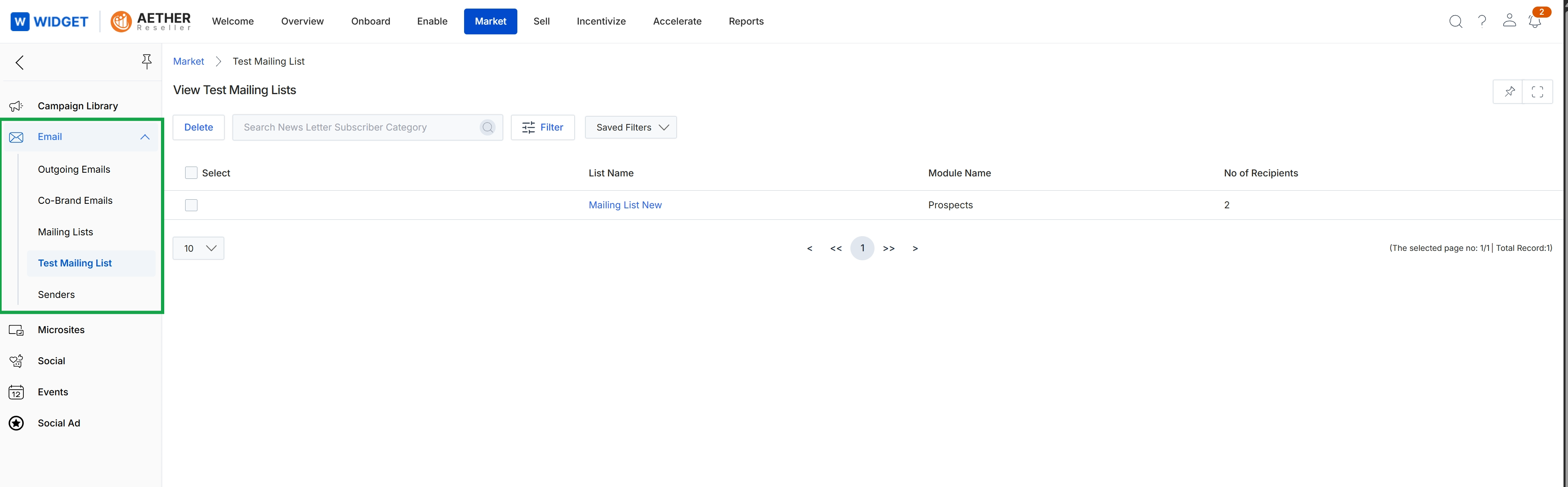 View Test Mailing Lists screen