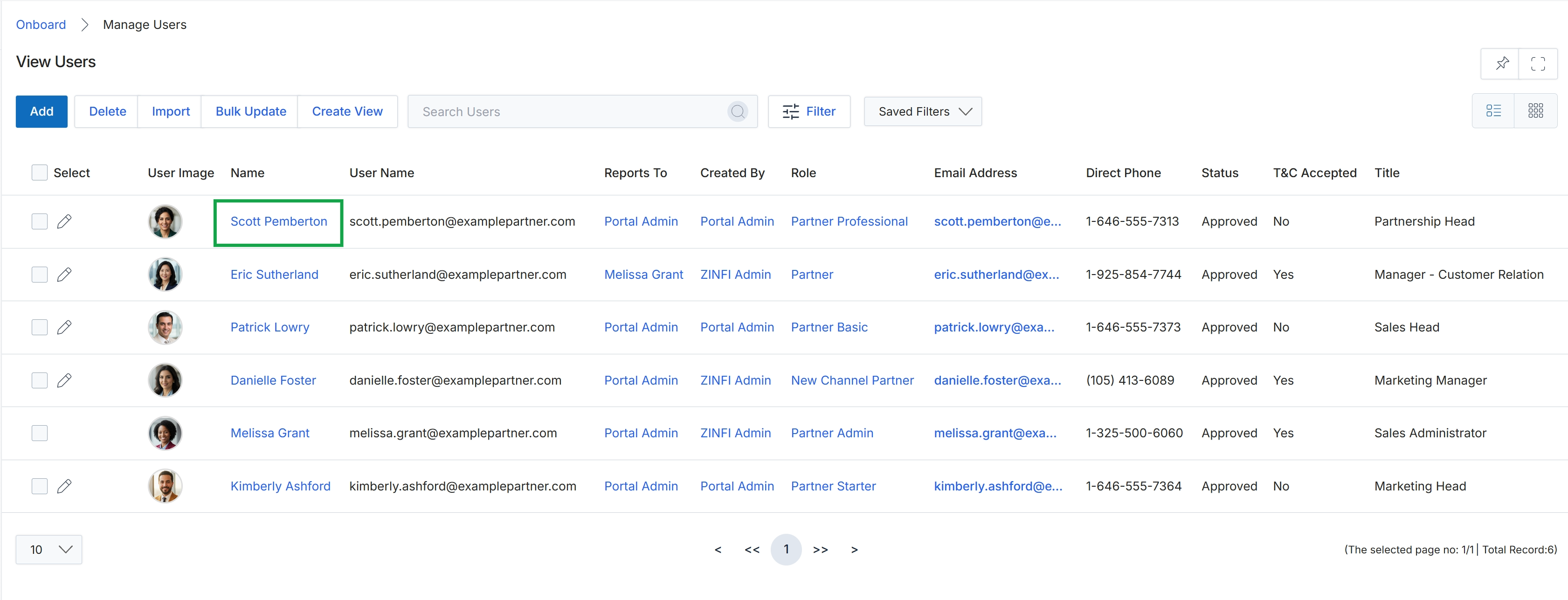 Manage Users list view