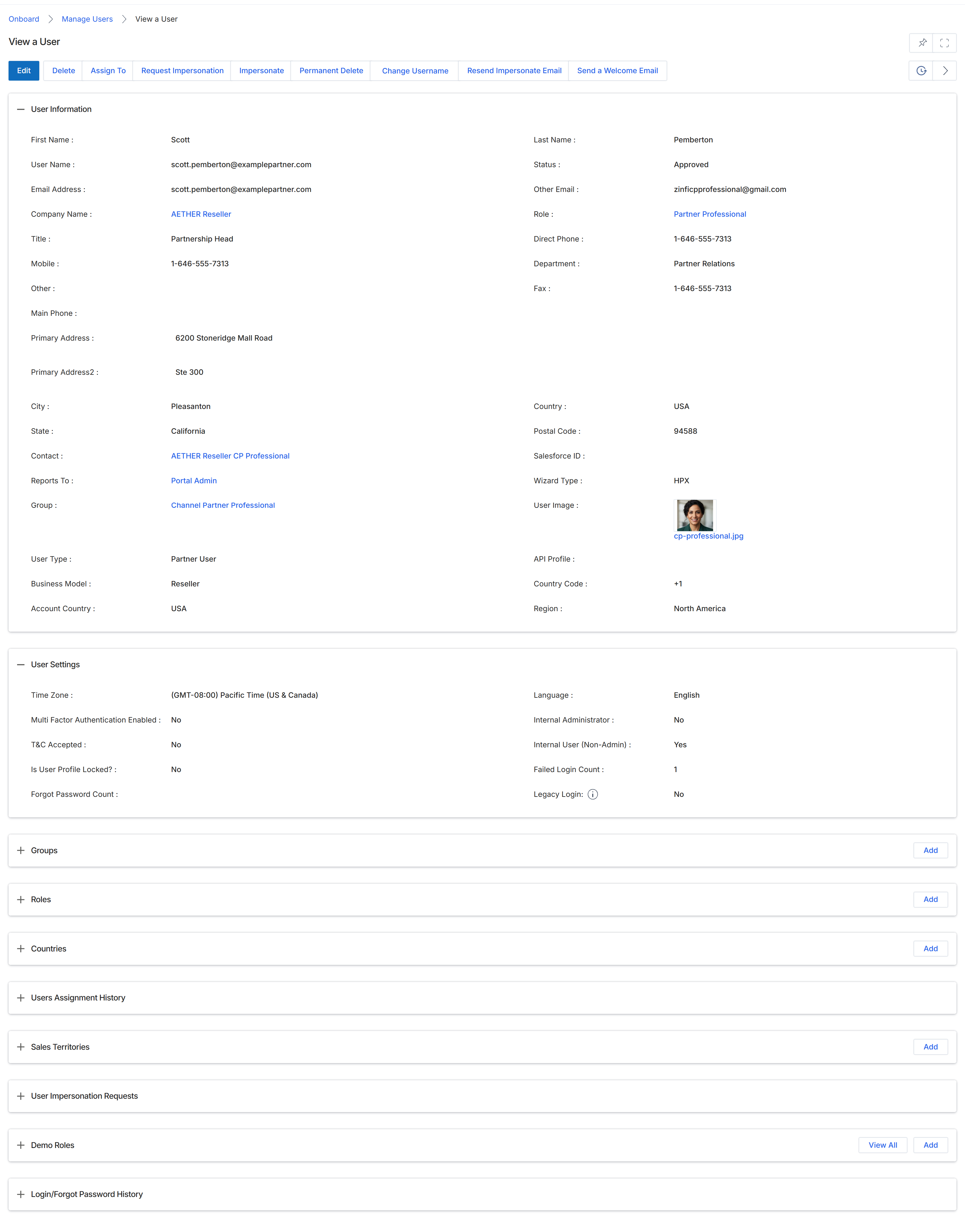 View User Details screen