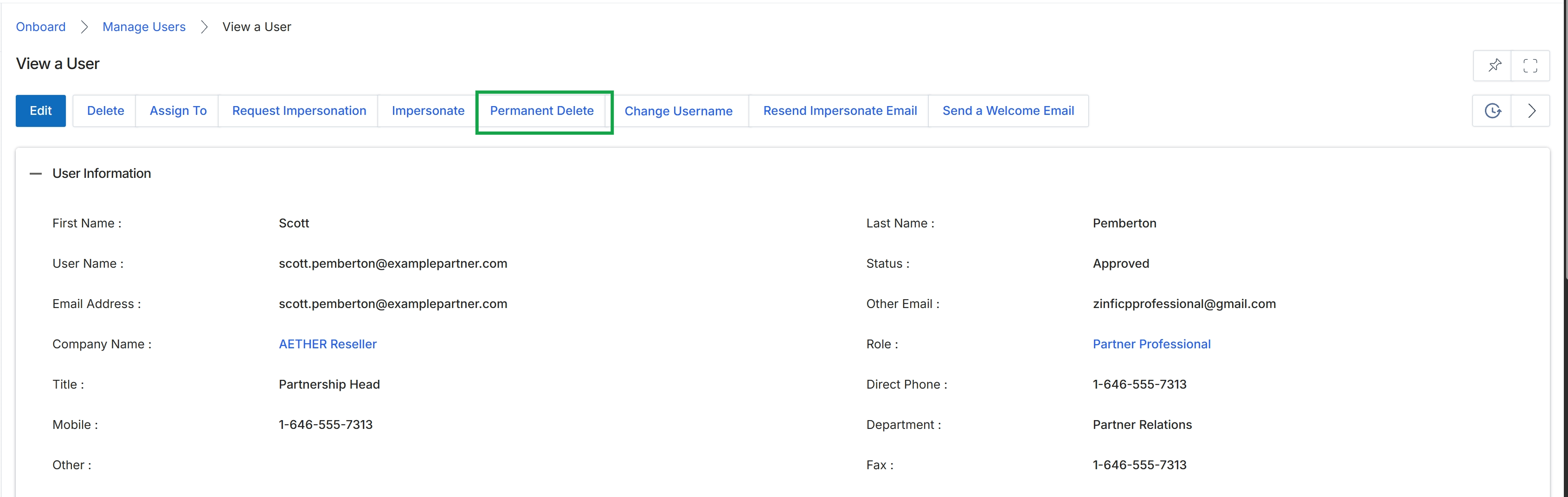 View a User page with action buttons