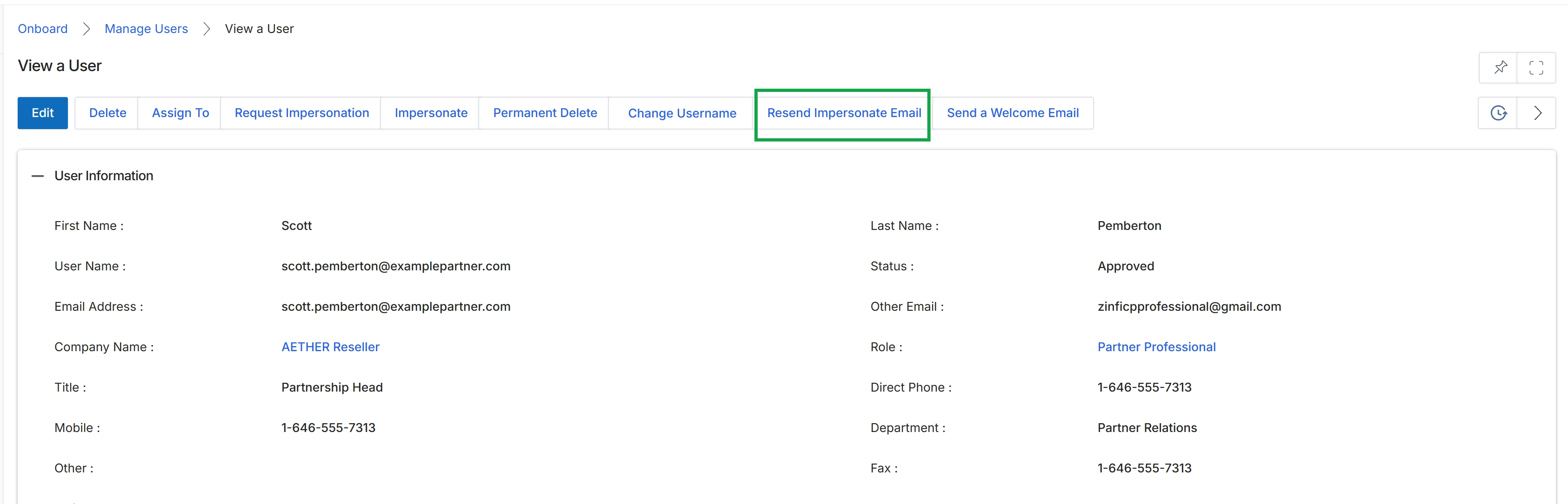 User details page with action buttons