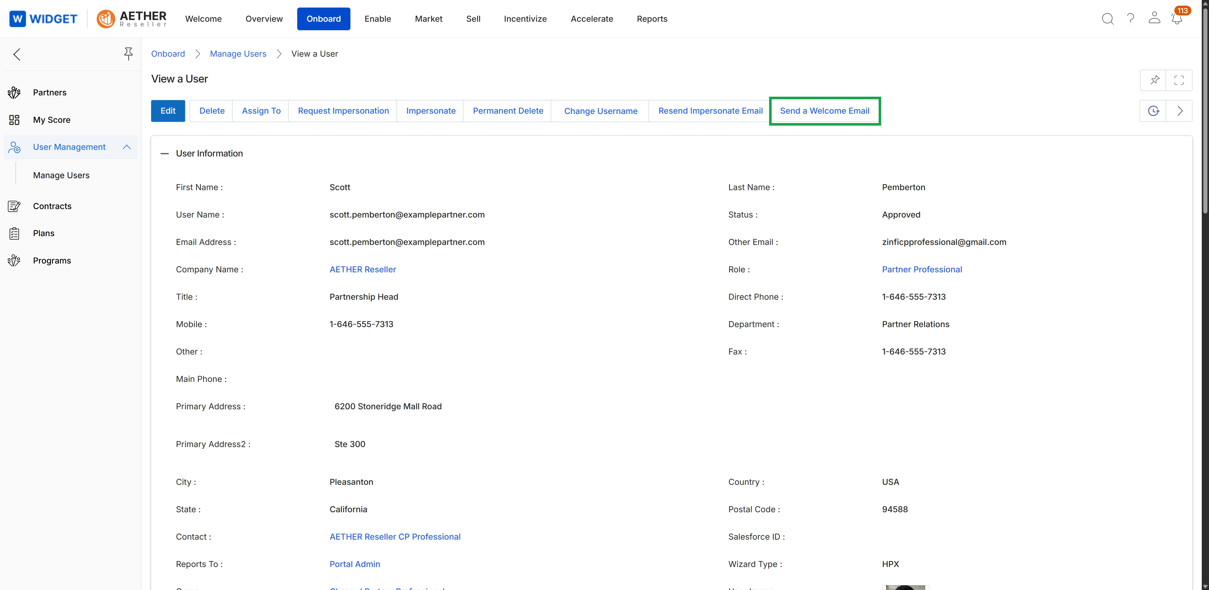 User details page with action buttons