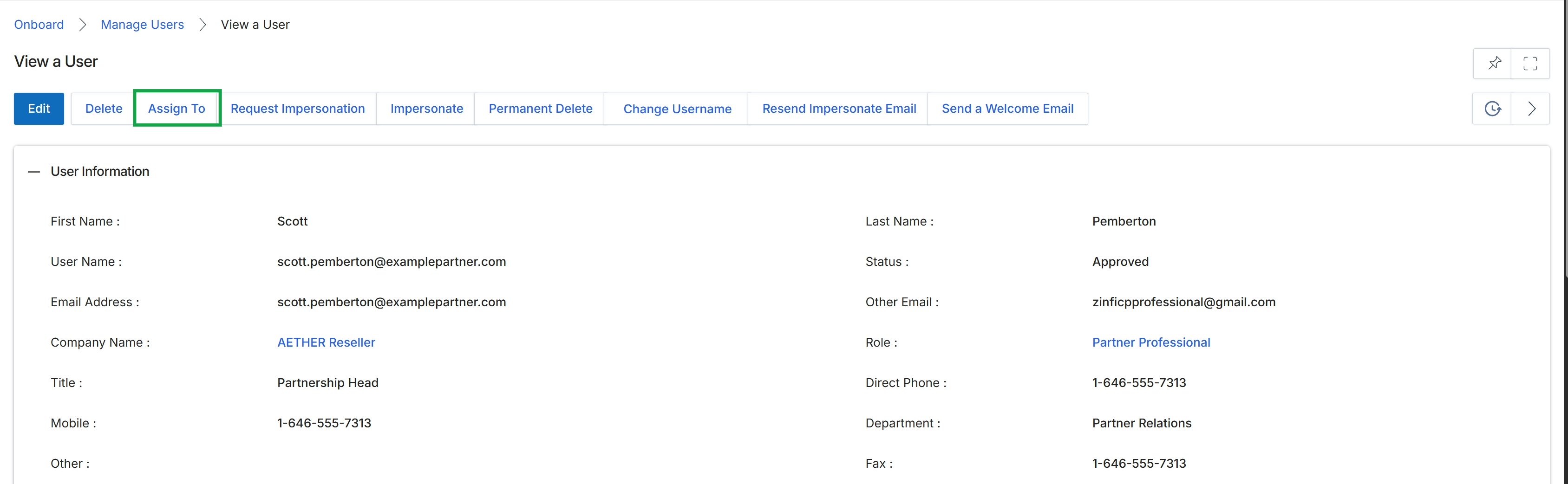 View a User page with action buttons