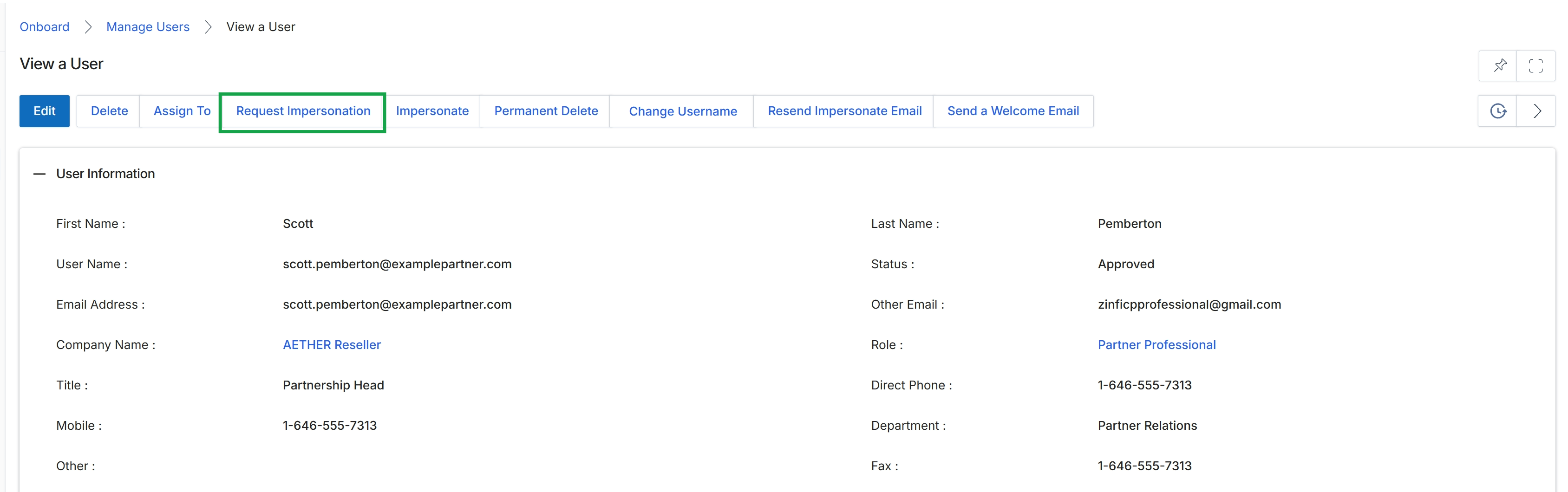View a User page with Assign Records modal closed