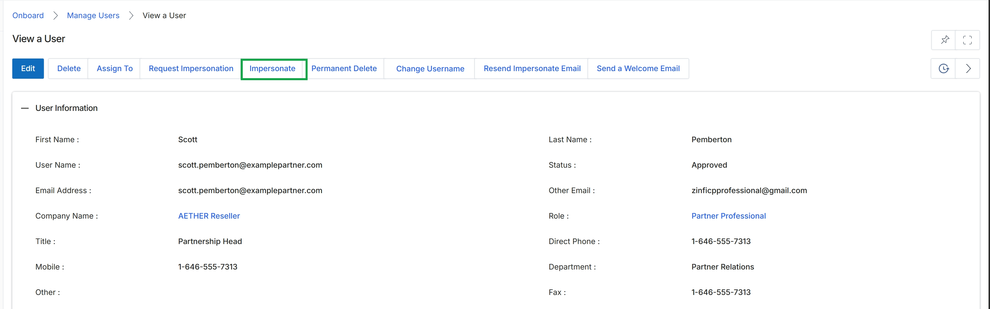 View a User page with Impersonate button highlighted