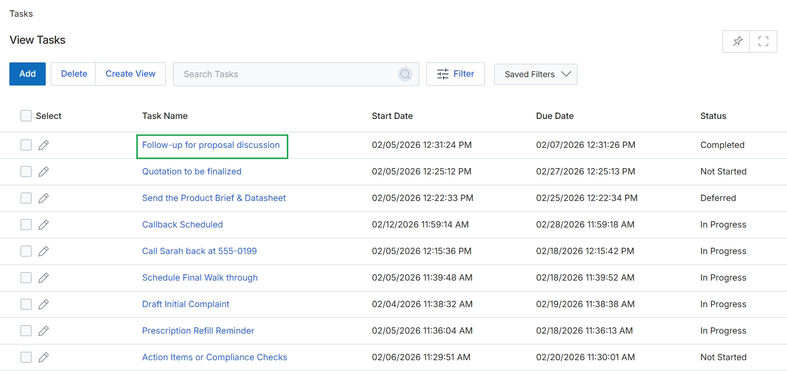 Tasks list view