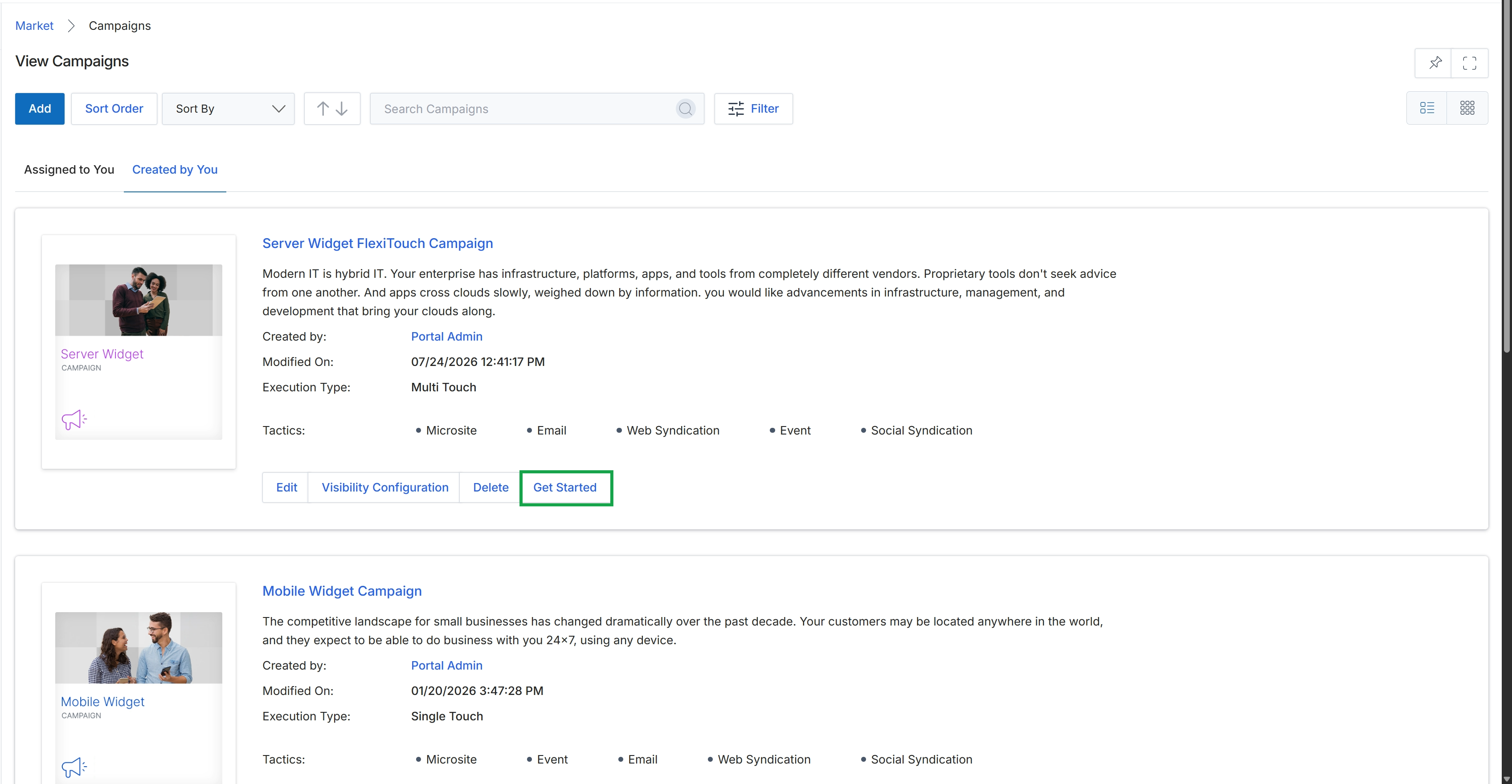 View Campaigns list with campaign details