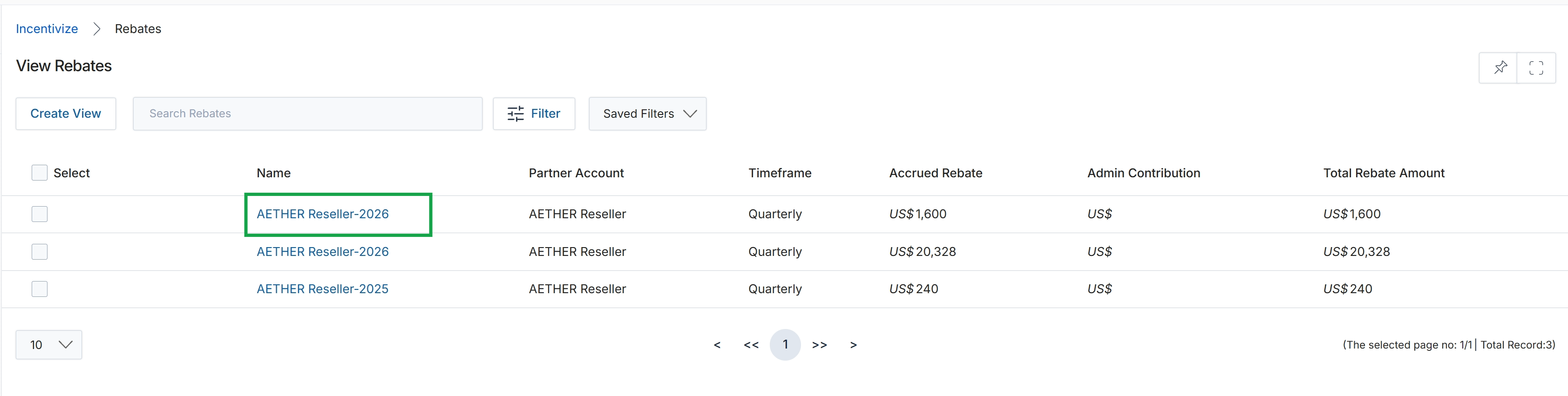 Rebates list view