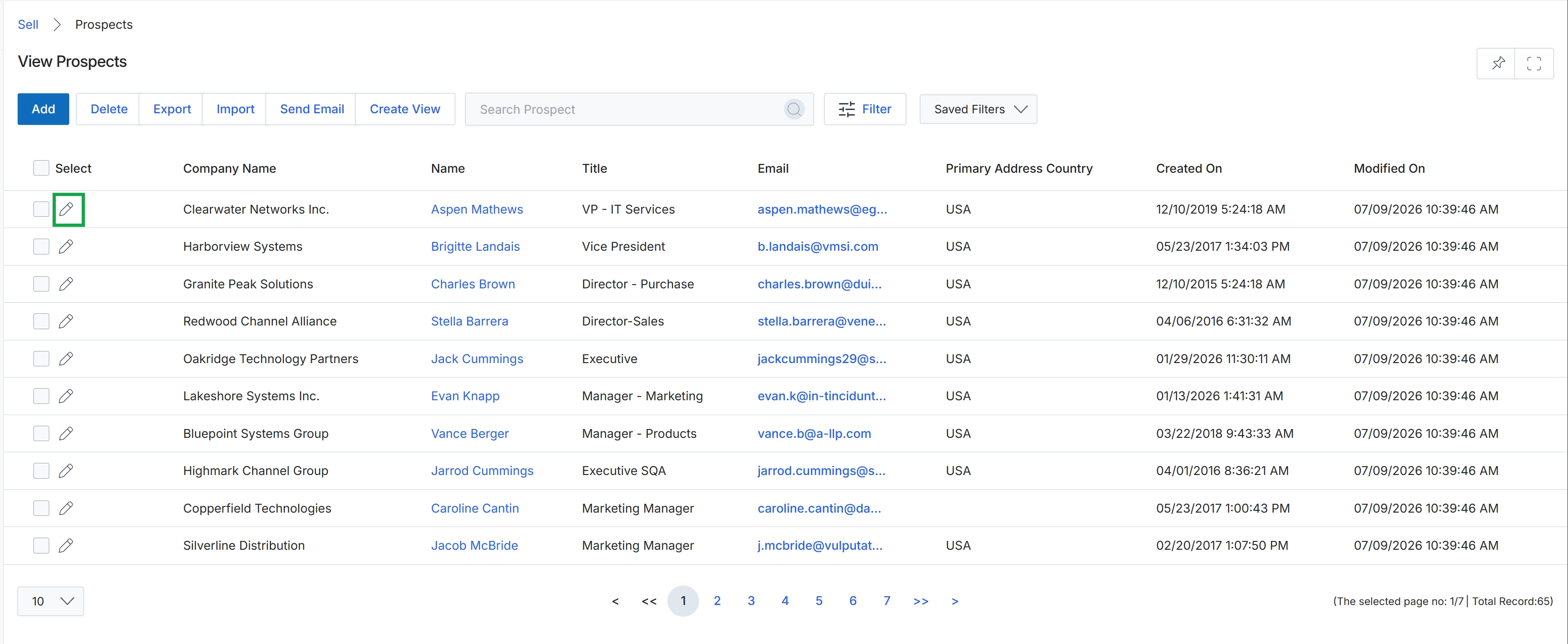 Prospects list view with edit icon highlighted