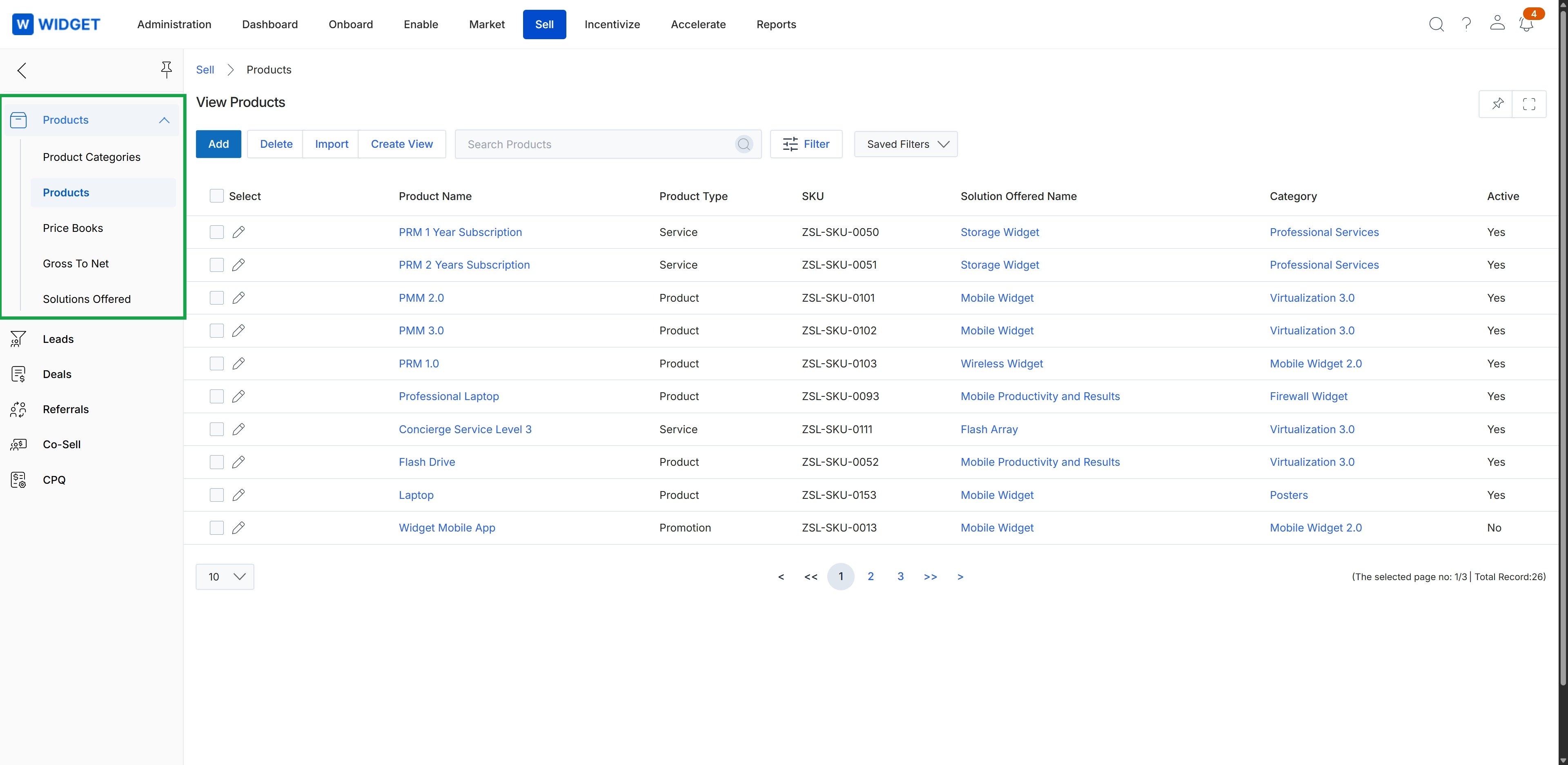 Sell module left navigation menu