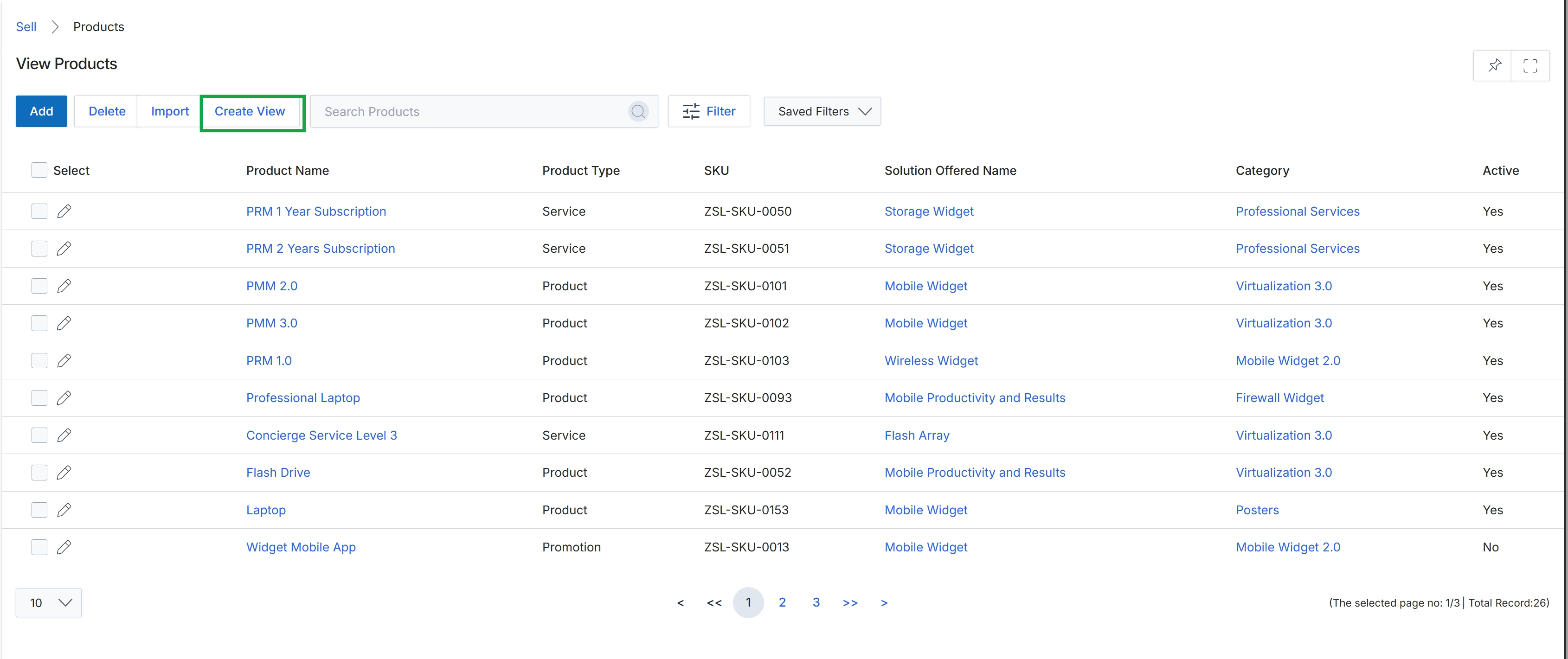 Products list view with Create View button highlighted