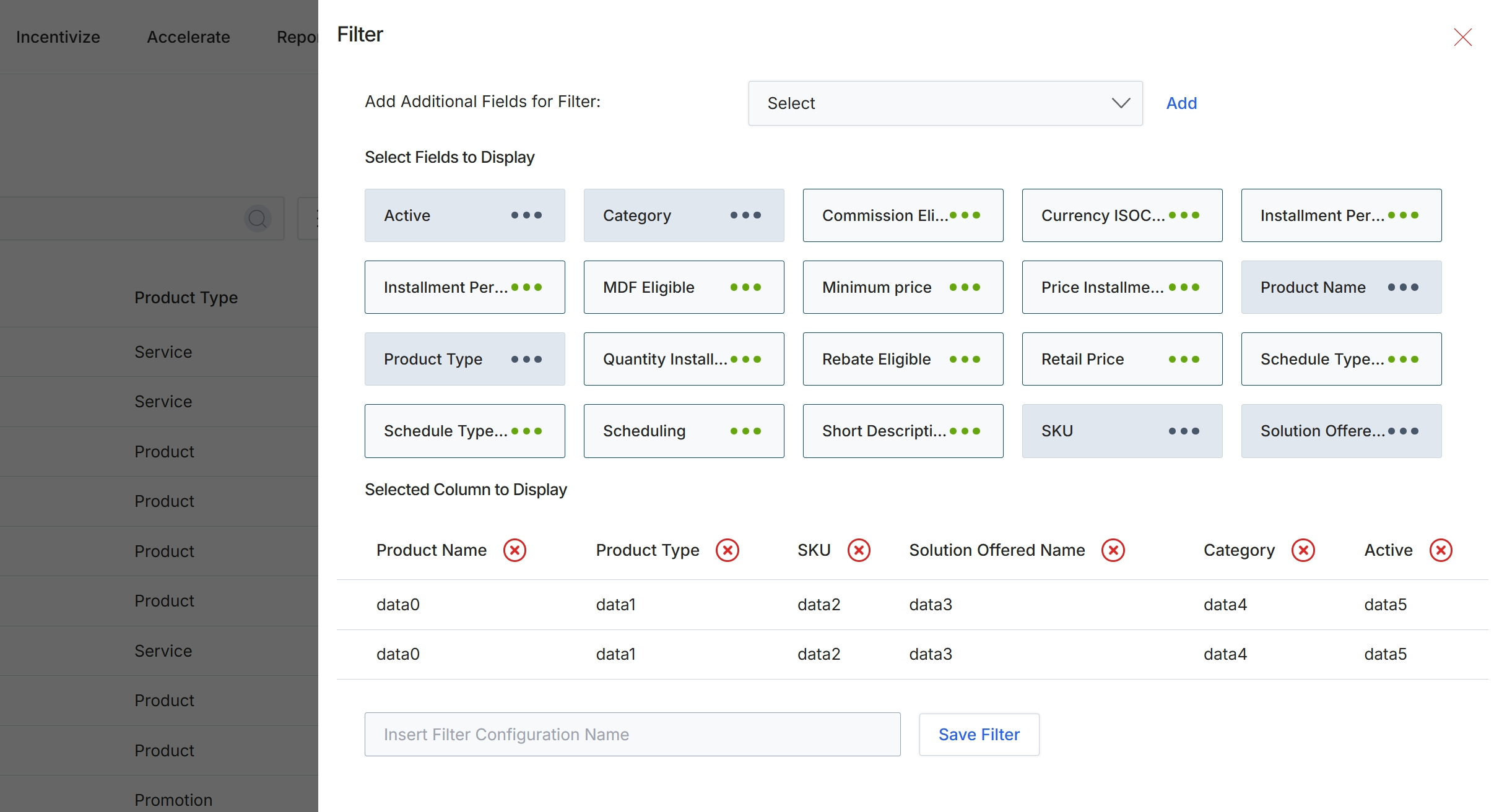 Filter dialog for product list