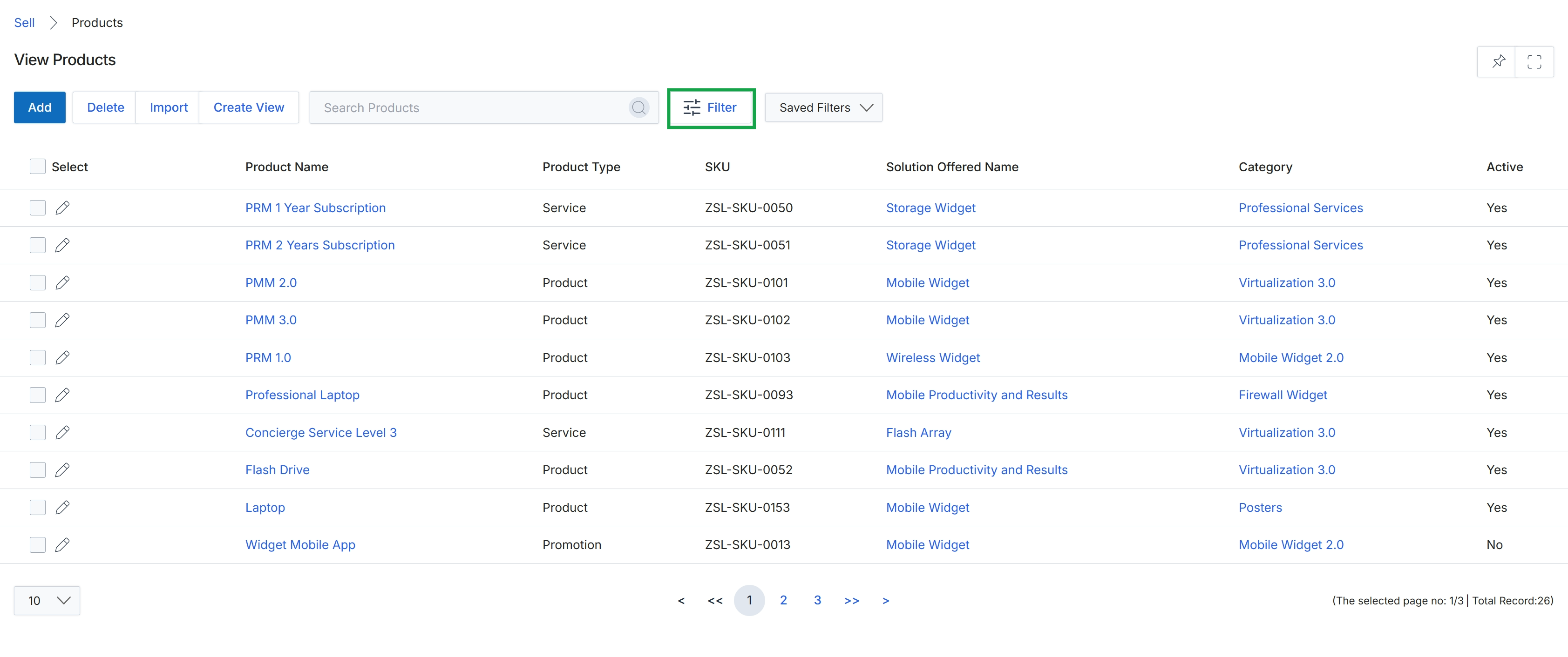 View Products list with Filter button highlighted