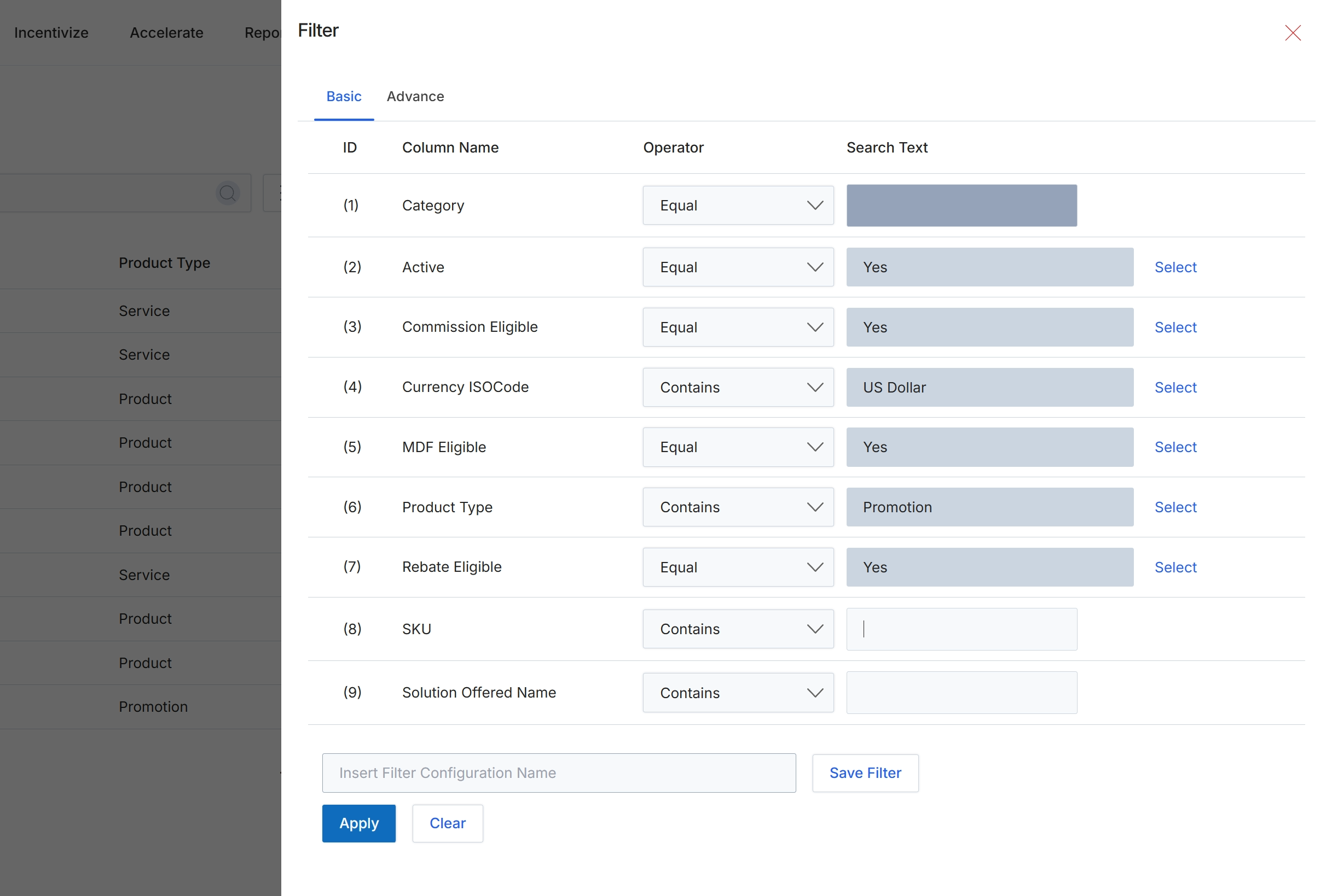 Product list filter dialog