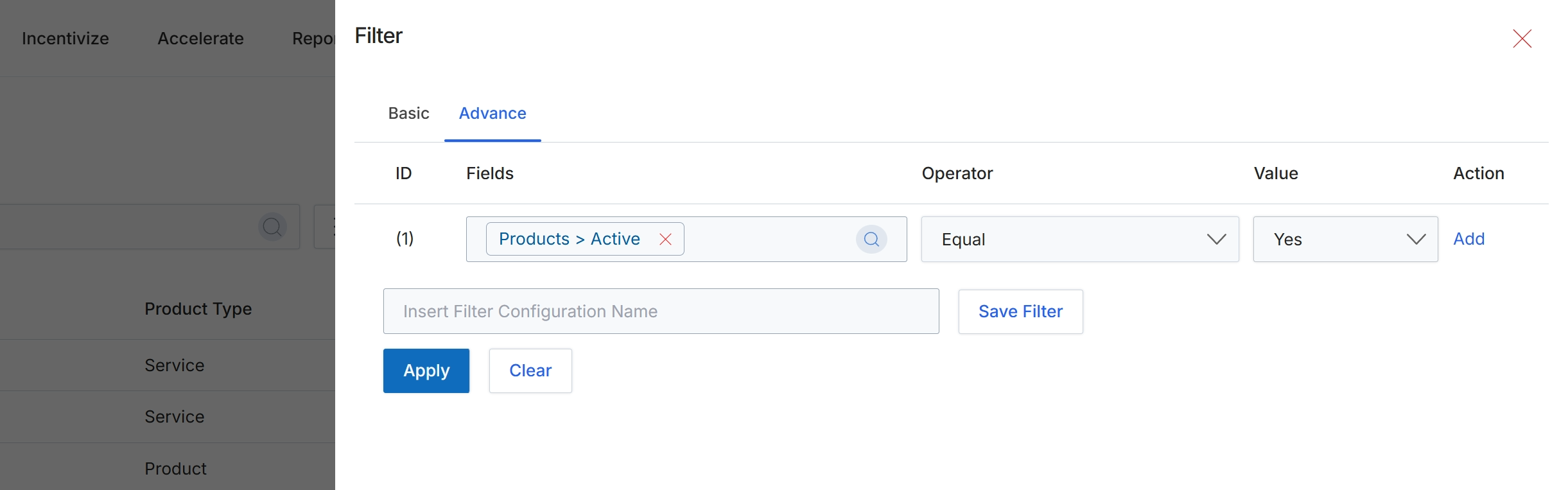 Advanced Filter dialog for Products