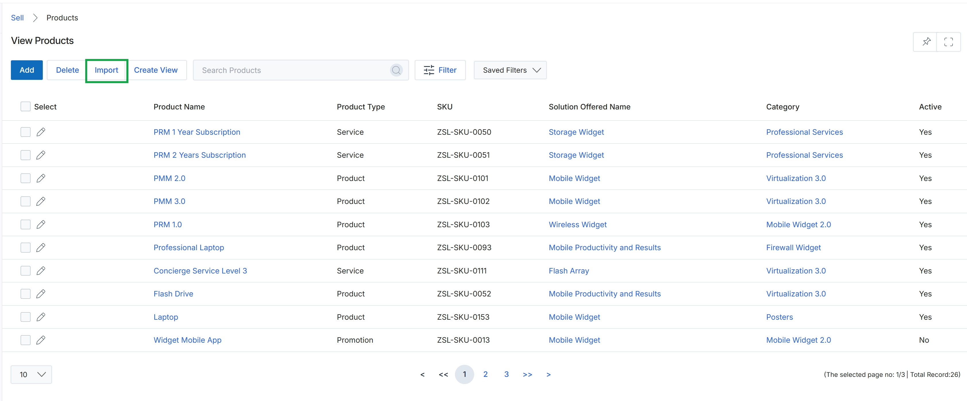 Products list view with Import button highlighted