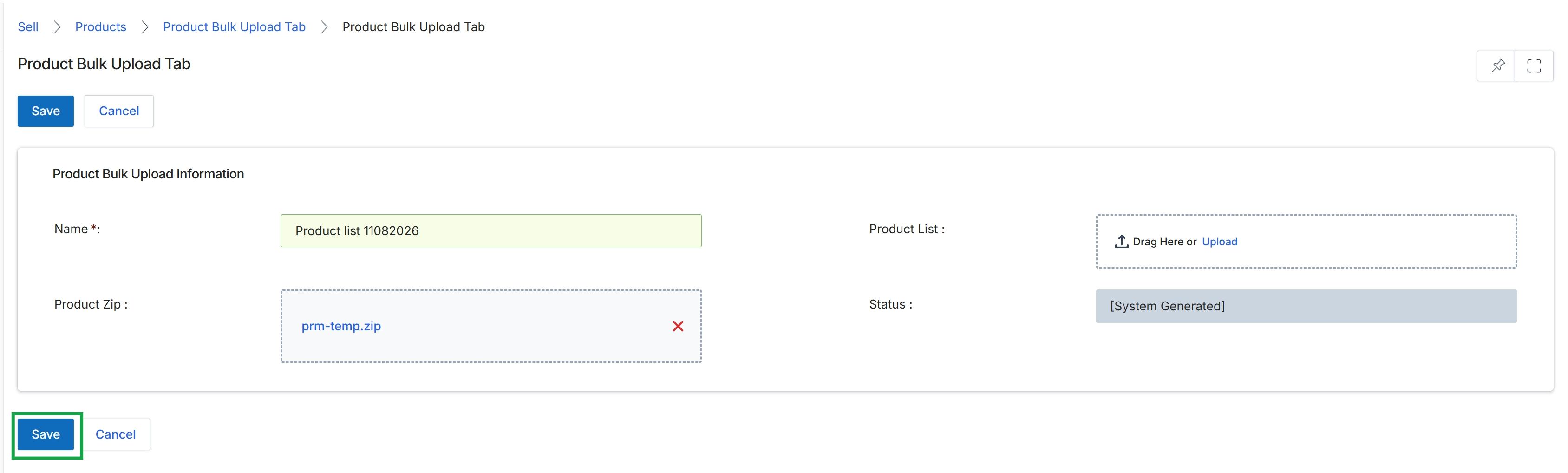 Product Bulk Upload Tab