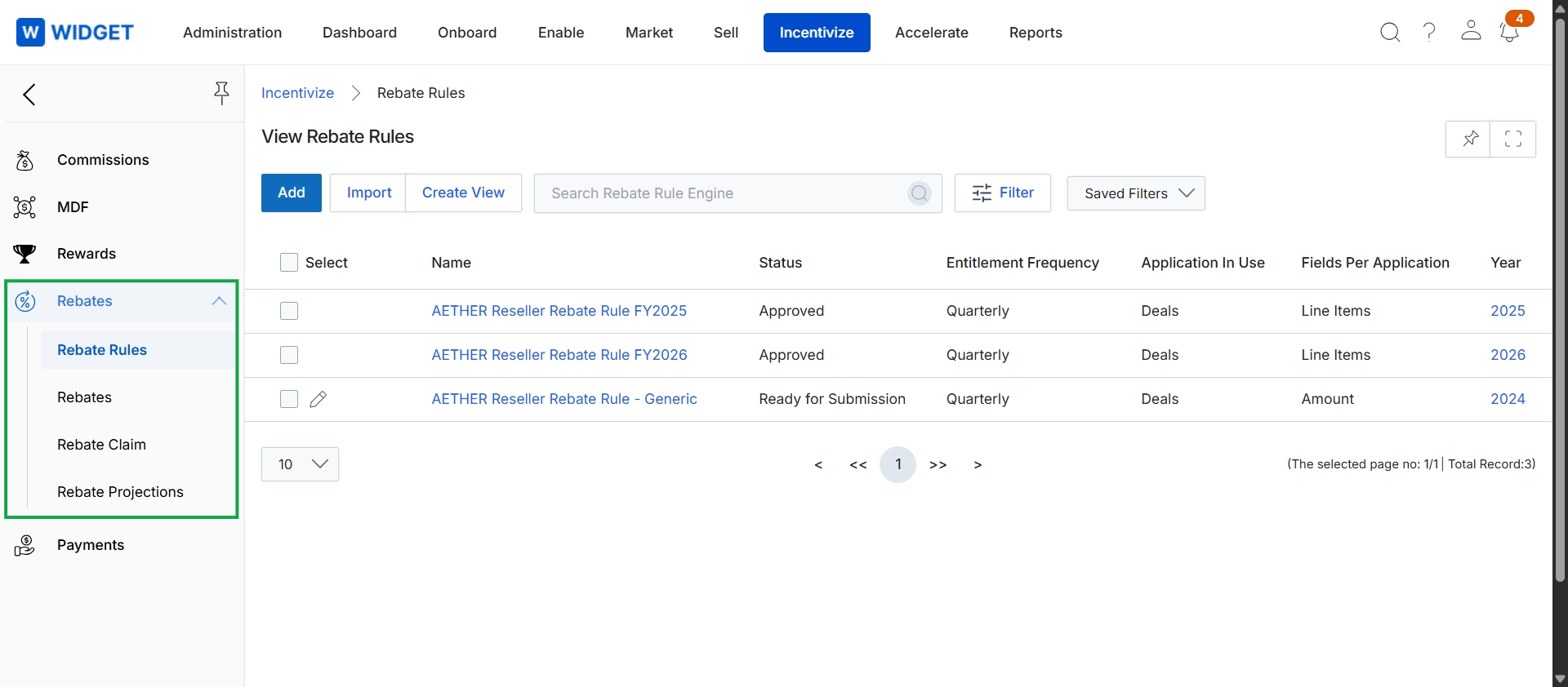 Rebate Rules list view