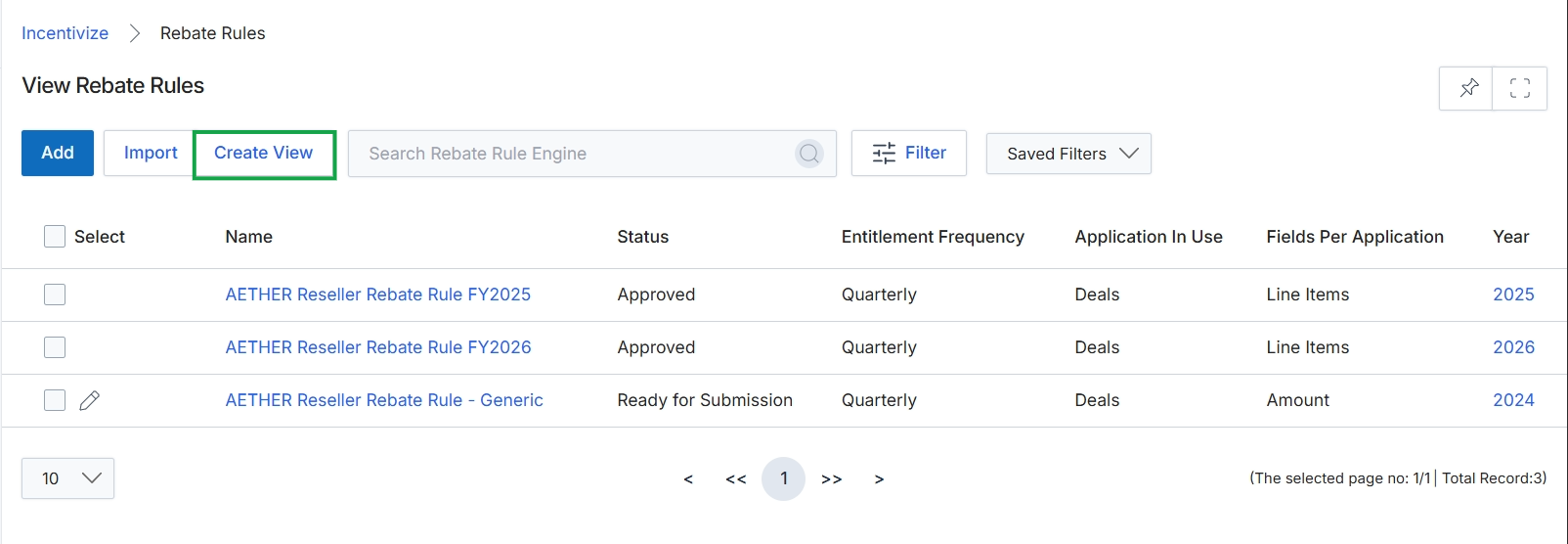 Rebate Rules list view