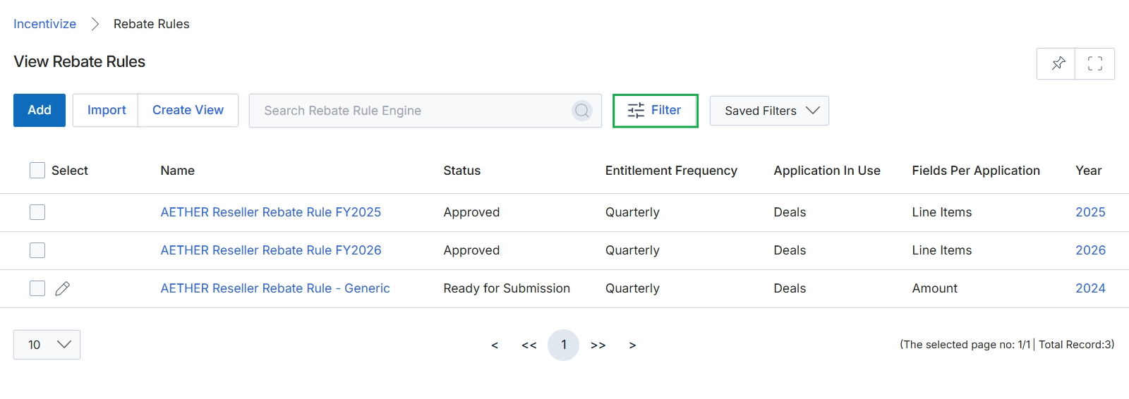 View Rebate Rules screen with Filter button highlighted
