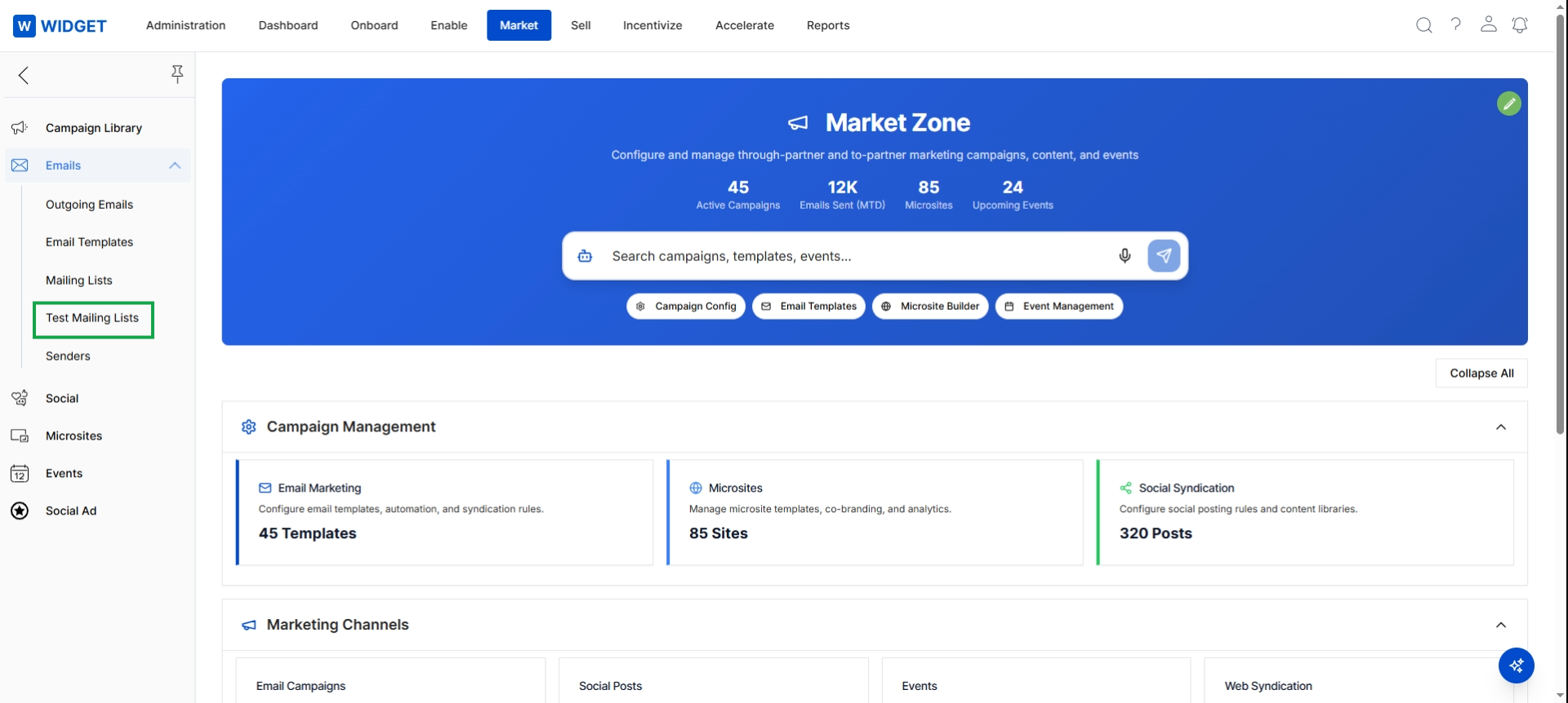 Click Market in the top navigation bar, then click Emails in the left navigation panel, and then click Test Mailing Lists.