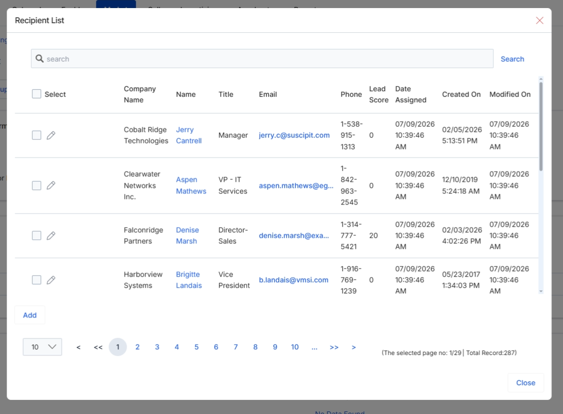 The Recipient List dialog allows users to select and add individual prospects or contacts to a mailing list within the Market module. This dialog is crucial for building targeted email campaigns, enabling users to leverage existing data from the UPM system, such as prospect information, to populate their mailing lists. It displays key details for each potential recipient, including company, name, title, email, and lead score, facilitating informed selection. The ability to filter and search within this list ensures that only relevant contacts are added, supporting the creation of highly segmented and effective marketing communications. Once selected, these recipients will be included in email campaigns associated with the mailing list, allowing for direct engagement with specific target audiences.