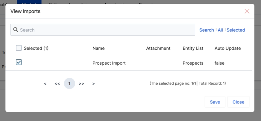 The 'View Imports' dialog allows users to select and add previously imported lists of prospects or other entities to the current mailing list being configured. This functionality is critical for leveraging existing data within UPM's Market module, enabling targeted email campaigns without requiring re-entry of contact information. By integrating imported lists, users can efficiently populate recipient lists for various marketing activities, ensuring that campaigns reach the intended audience segments. The dialog displays available imported lists, along with details such as their name, attachment status, and whether they are configured for auto-update, providing the necessary context for selection.