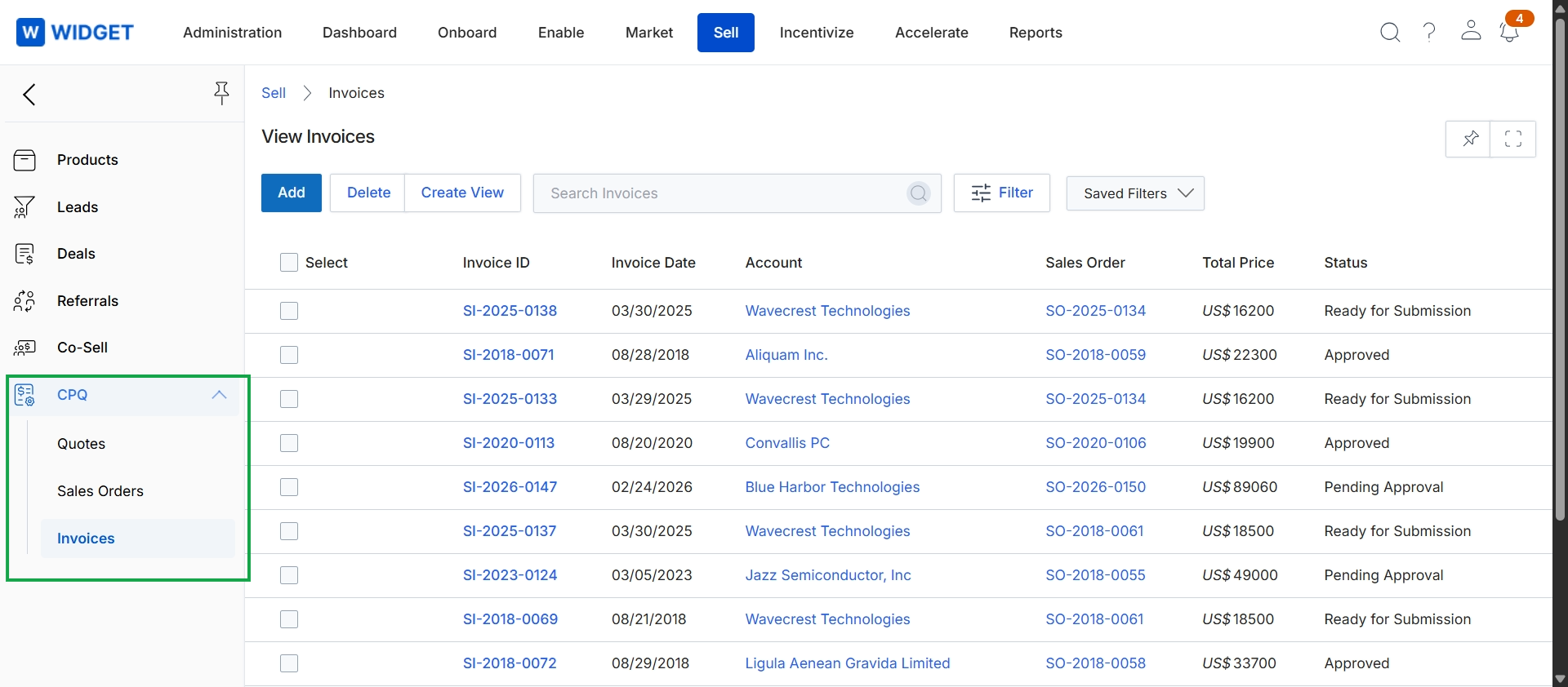 Sell module with CPQ menu expanded