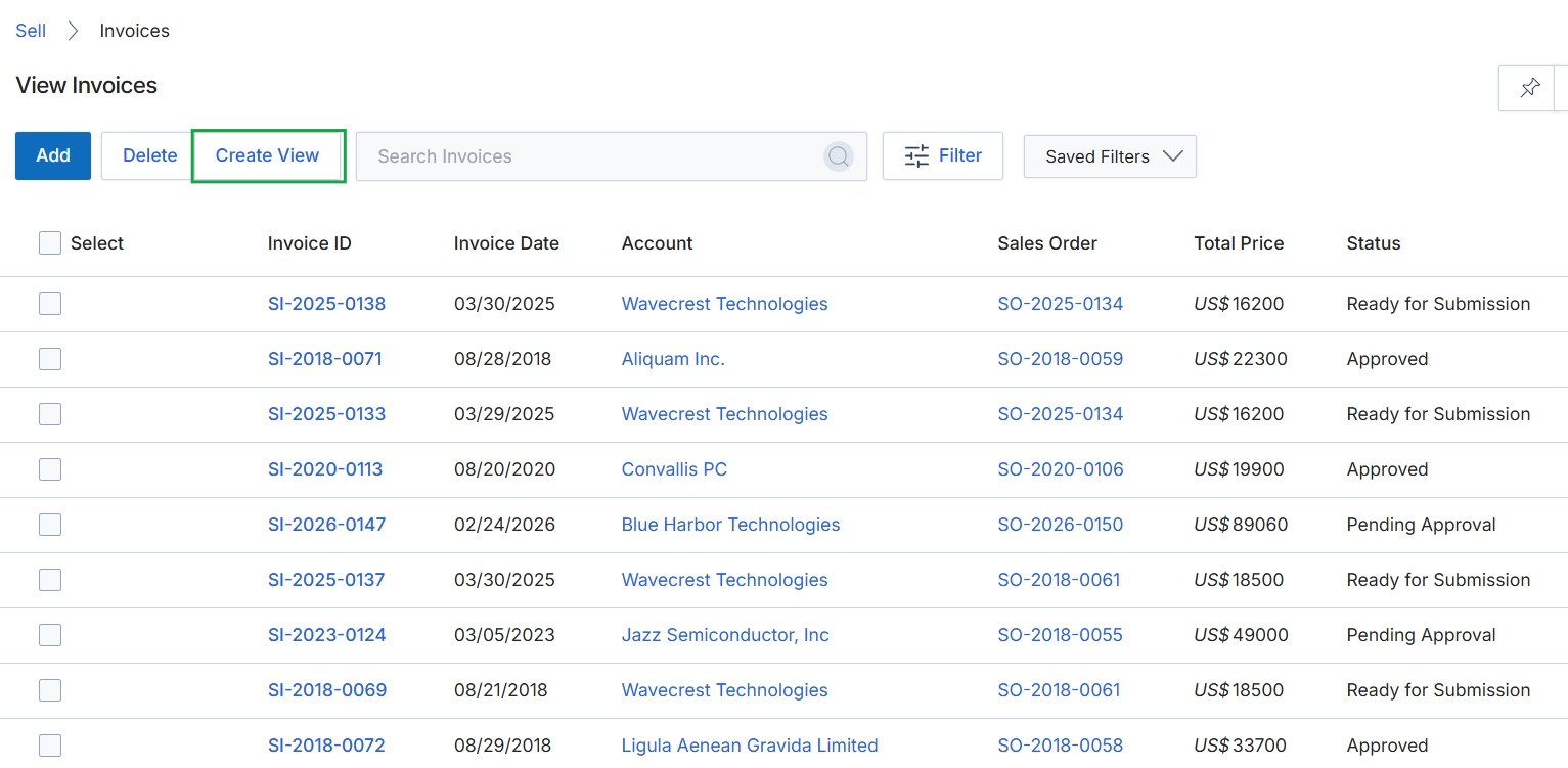 View Invoices list with Create View button highlighted