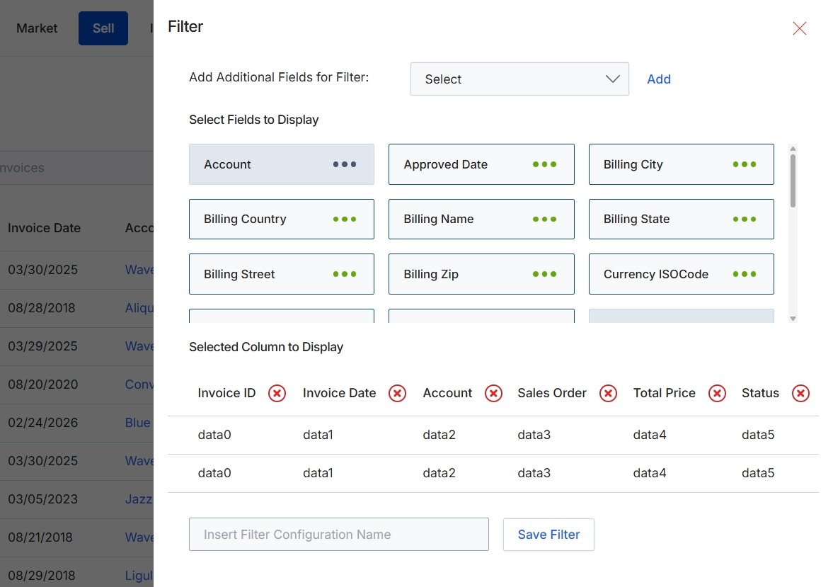 Filter configuration dialog for invoices