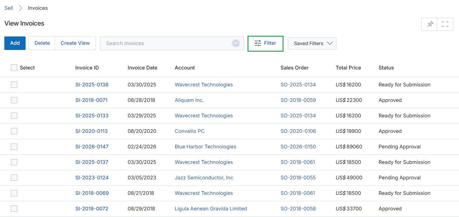View Invoices list page