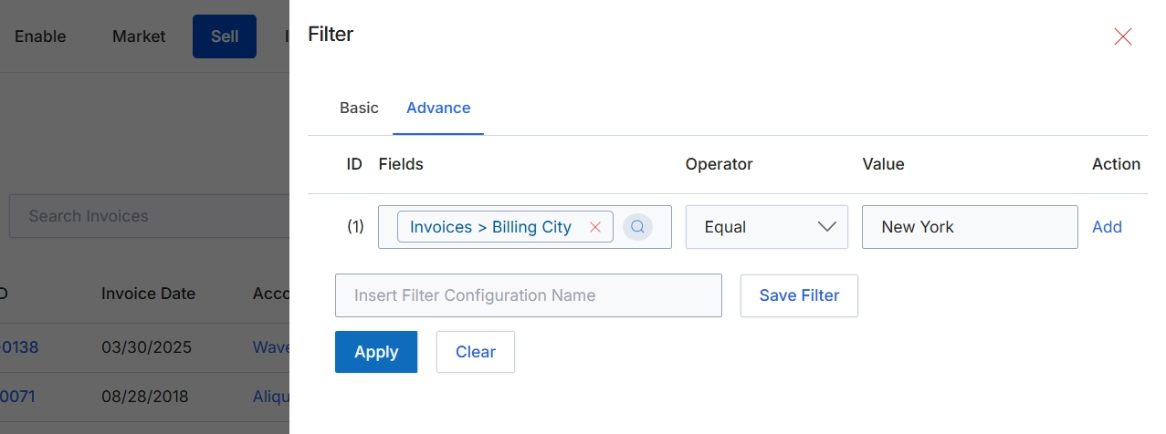 Advanced filter panel for invoices