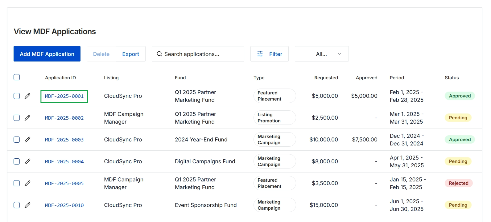 MDF Applications list view