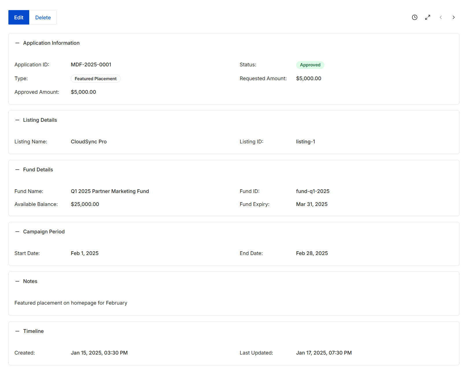 MDF Application Details view